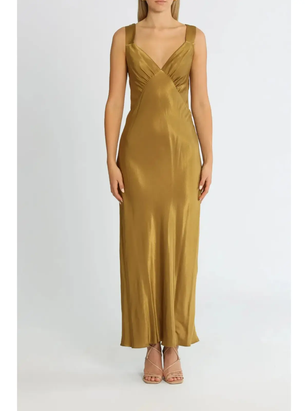 Shona Joy Giorgia Plunged Midi Dress in Olive Oil Size AU 14 - Image 1