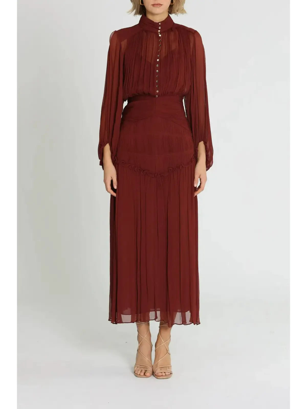 Shona Joy Safira Button Up Ruched Midi Dress in Sangria Size AU 10  - Image 1