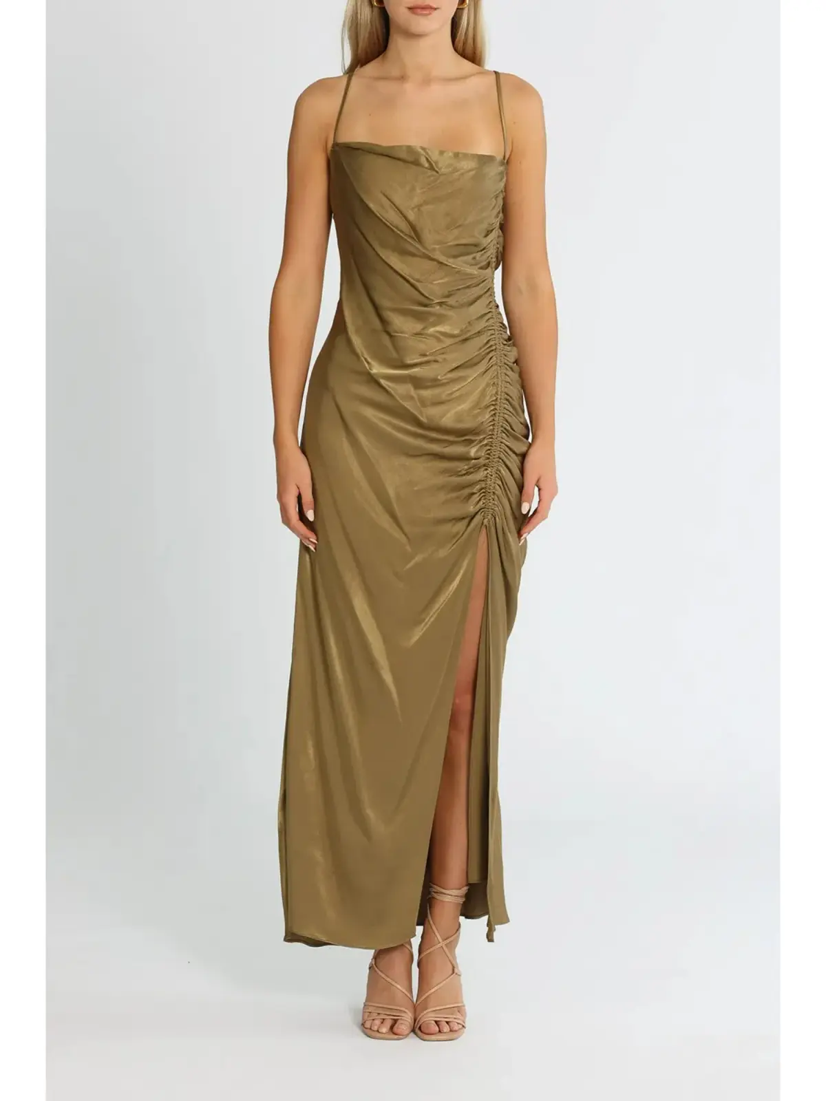 Shona Joy Thalia Bias Ruched Midi Dress in Cumin Size AU 12 - Image 1
