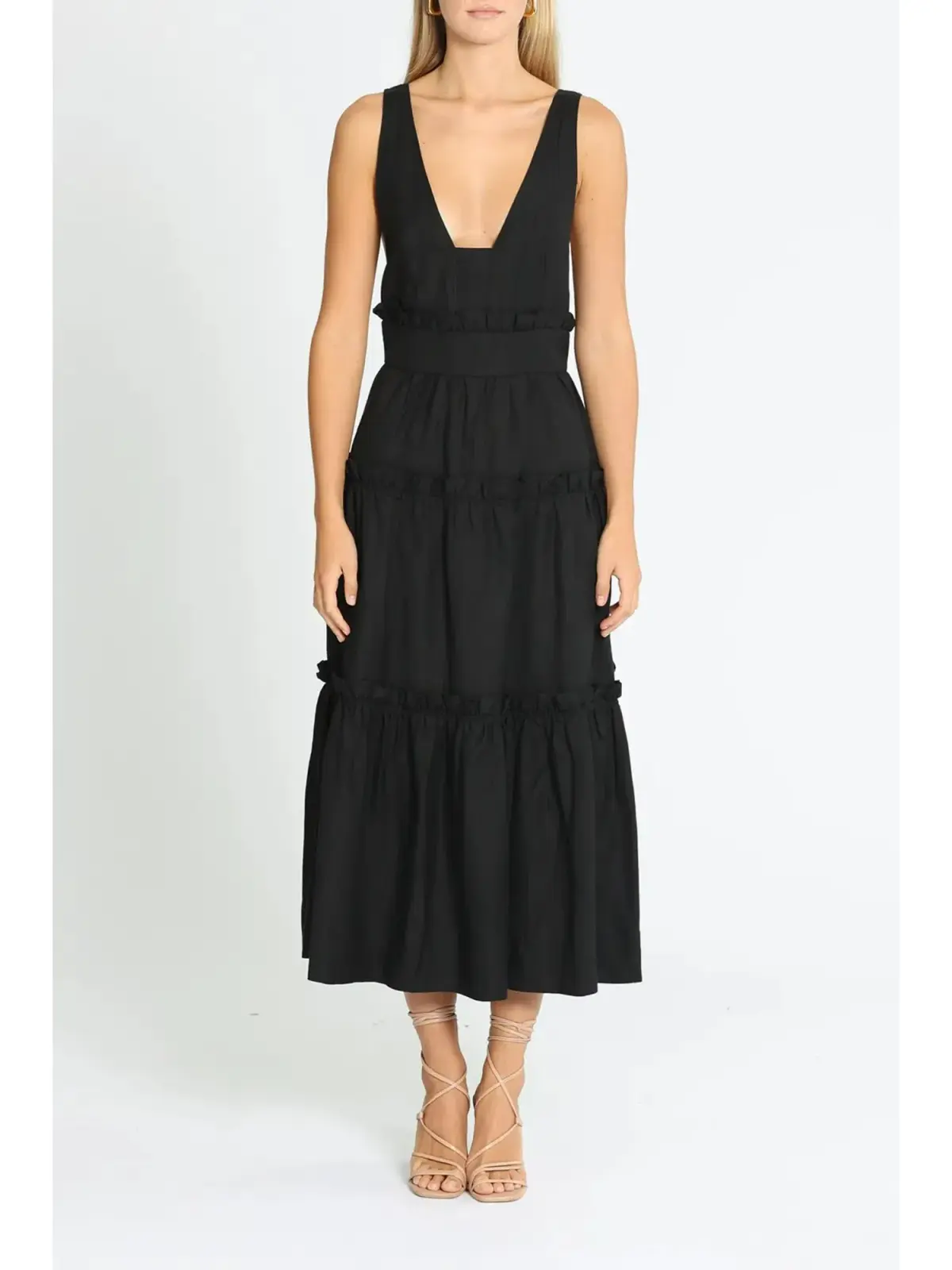 Shona Joy Tiered Midi Dress in Black Size AU 10 - Image 1