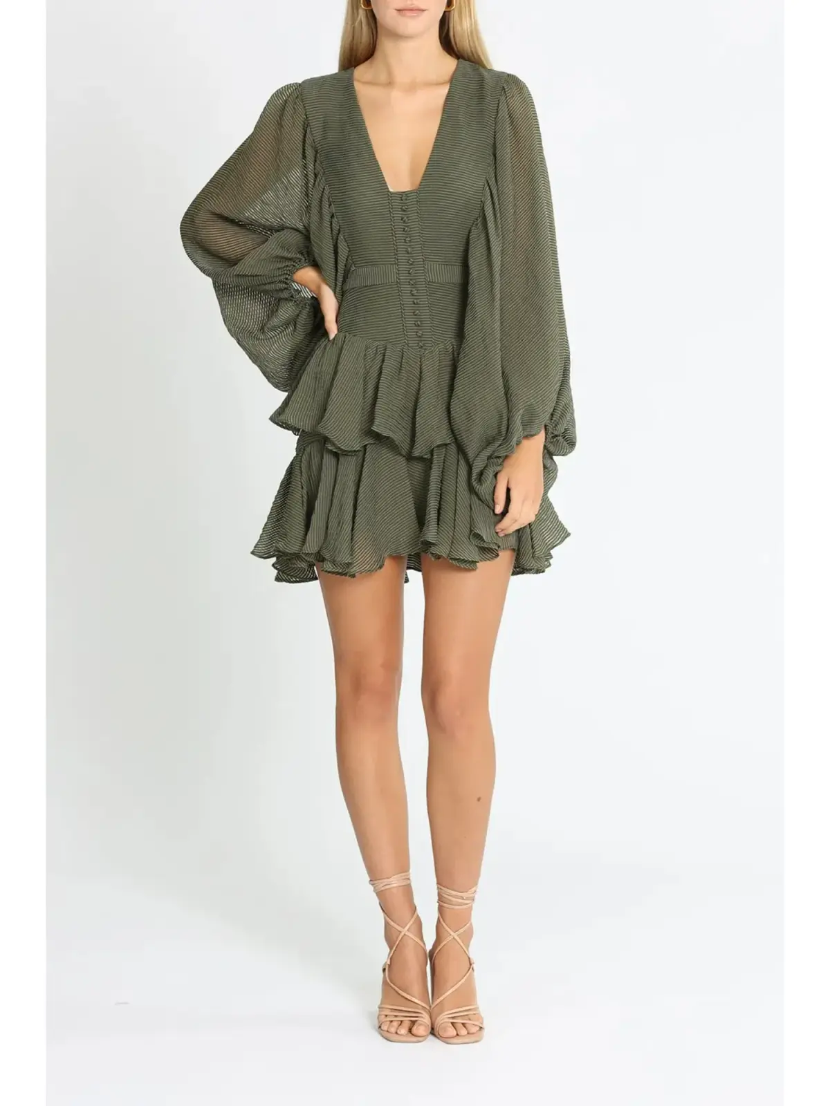 Shona Joy Puff Sleeve Mini Dress in Khaki Size AU 12 - Image 1