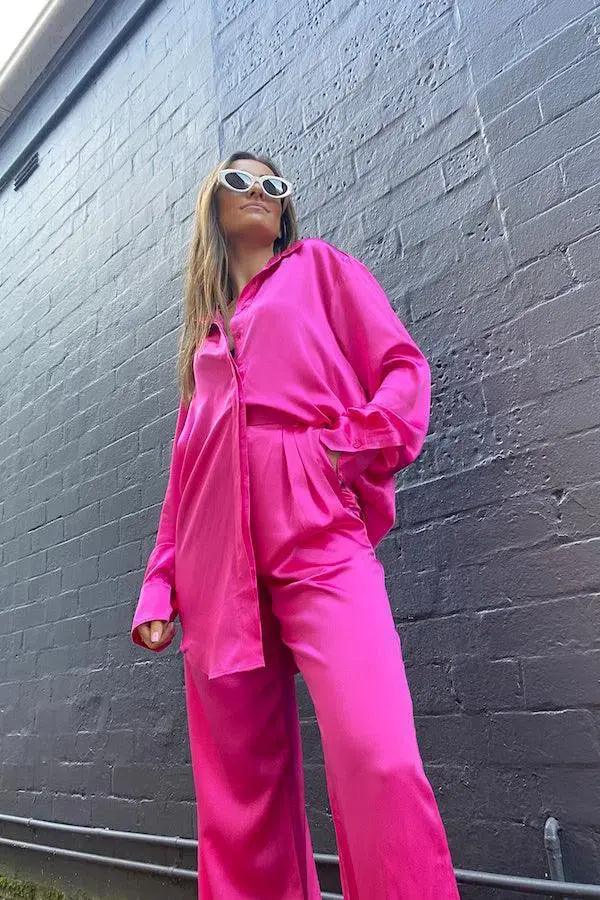 Michael Lo Sordo Relaxed Silk Pant Size 8 & Shirt Size 6 Set Hot Pink - Image 3