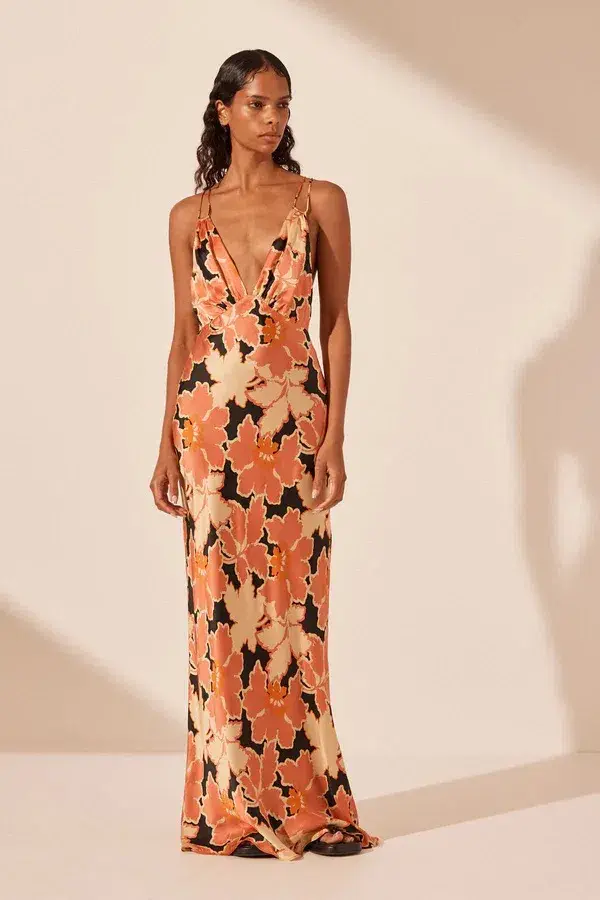 Shona Joy Rosa Silk Plunged Double Strap Maxi Dress Coral Pink/Multi Size 14 - Image 1