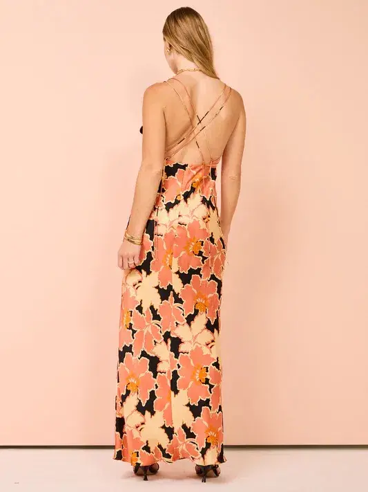 Shona Joy Rosa Silk Plunged Double Strap Maxi Dress Coral Pink/Multi Size 14 - Image 4