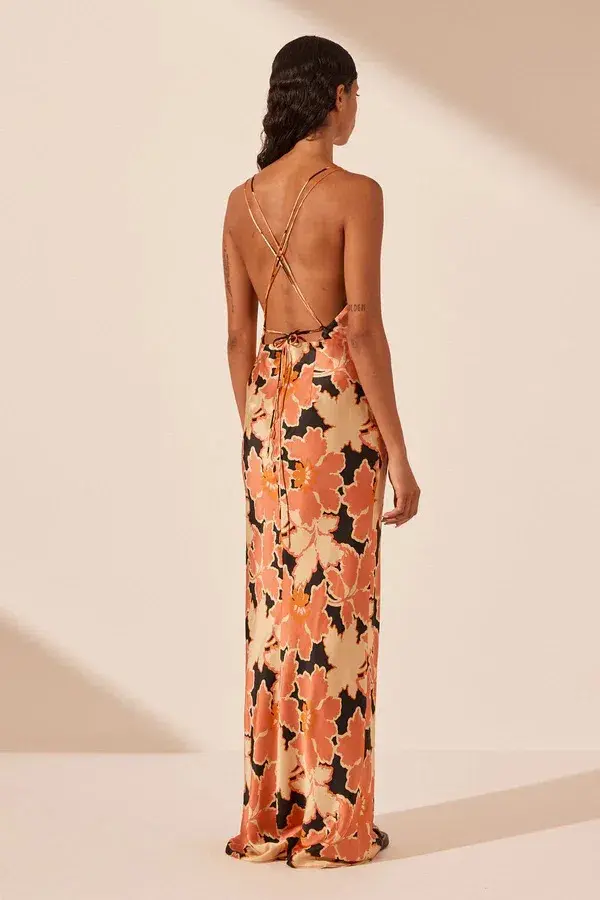 Shona Joy Rosa Silk Plunged Double Strap Maxi Dress Coral Pink/Multi Size 14 - Image 3