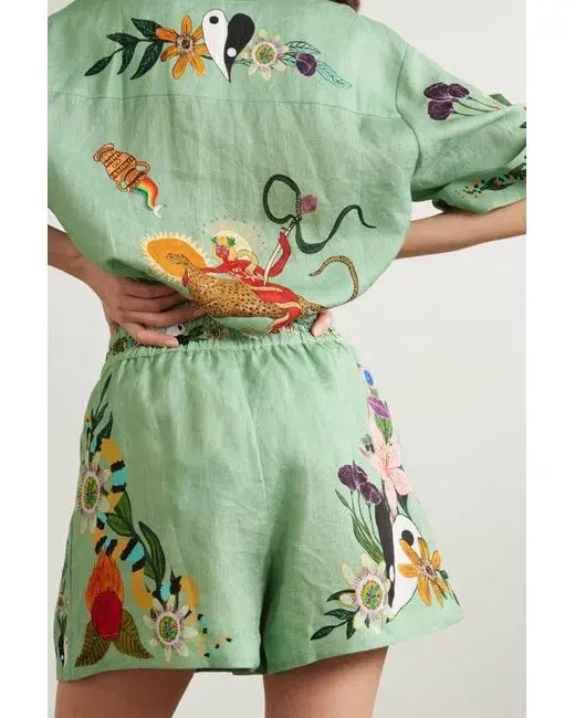 Alemais Meagan LInen Shirt Size 12 and Shorts Size 14  Set Green/Print  - Image 2