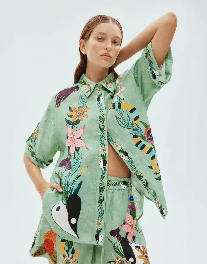 Alemais Meagan LInen Shirt Size 12 and Shorts Size 14  Set Green/Print  - Image 3
