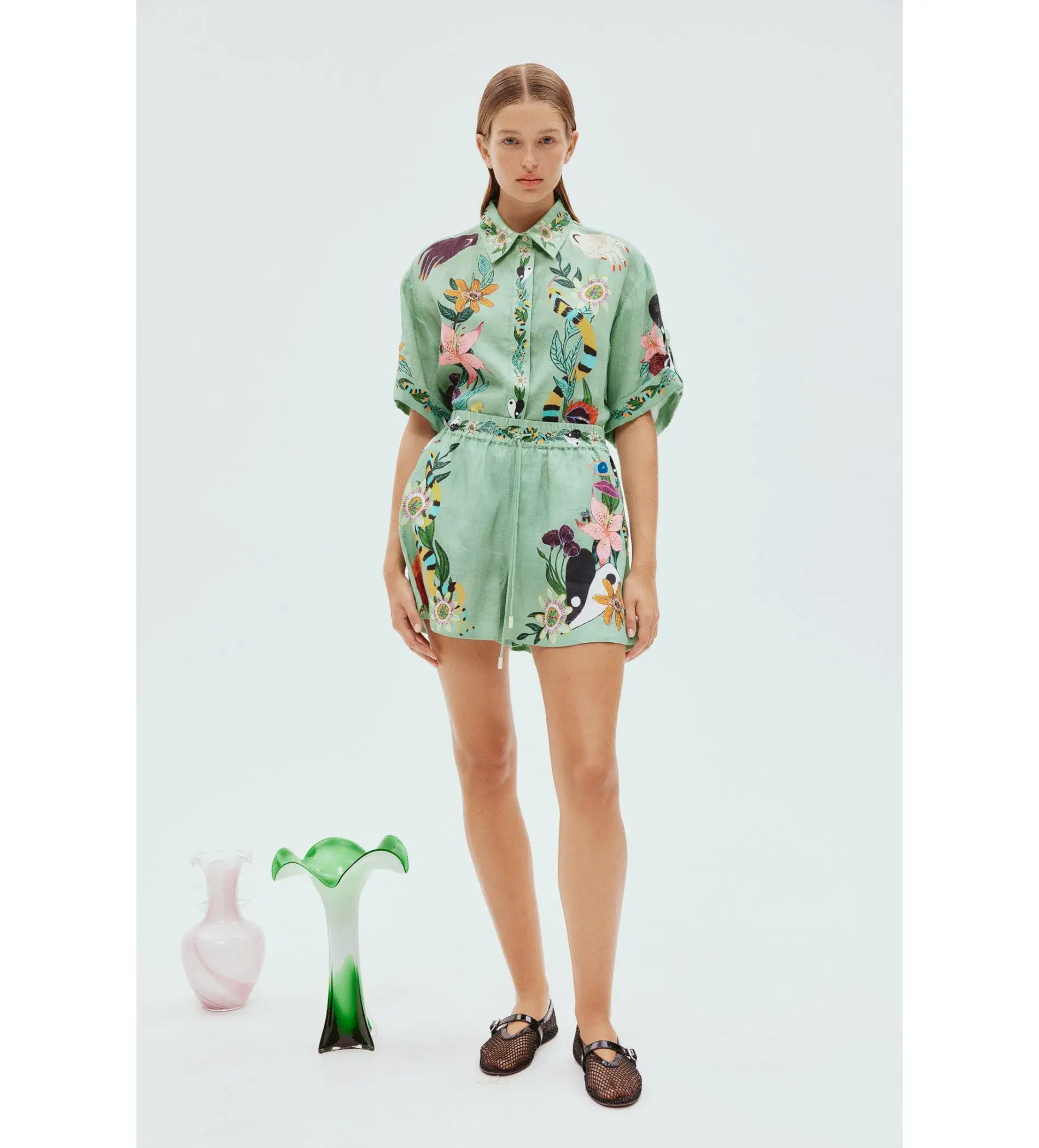 Alemais Meagan LInen Shirt Size 12 and Shorts Size 14  Set Green/Print  - Image 1