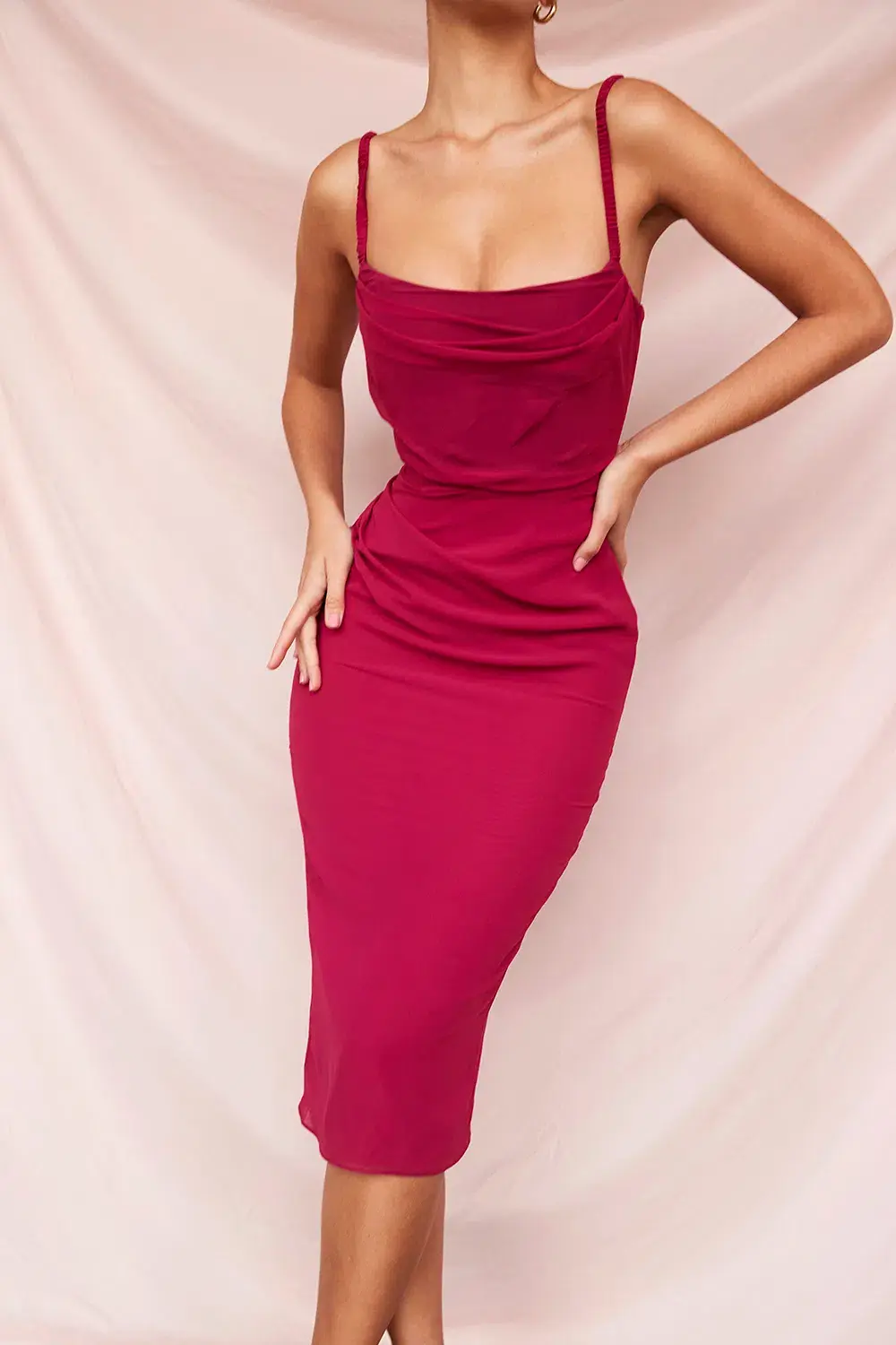 House of CB Jamille  Draped Corset Midi Dress Berry Size S/Au 8  for rent on The Volte - main image