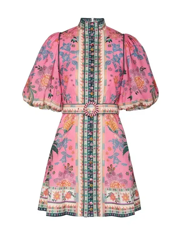 Zimmermann The Ginger Buttoned Mini Dress in Pink Multi Size 2/Au 12 - Image 4