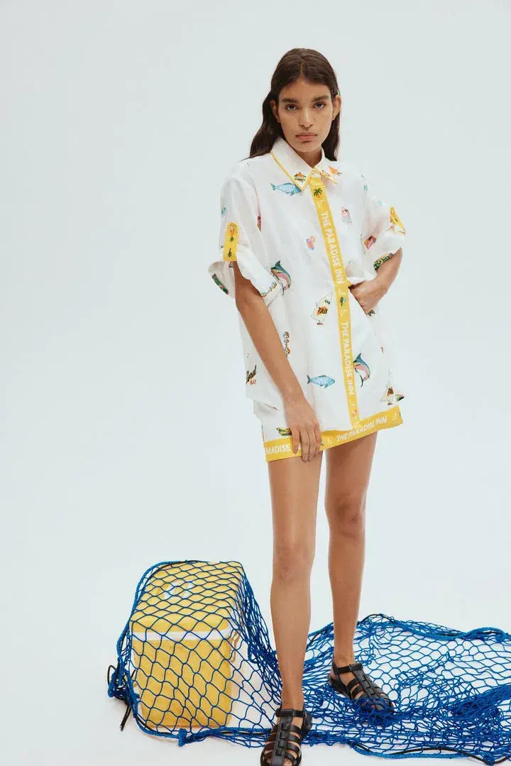 Alemais Blue Marlin Embroidered Shirt and Skirt Set in Cream Size 8 - Image 1