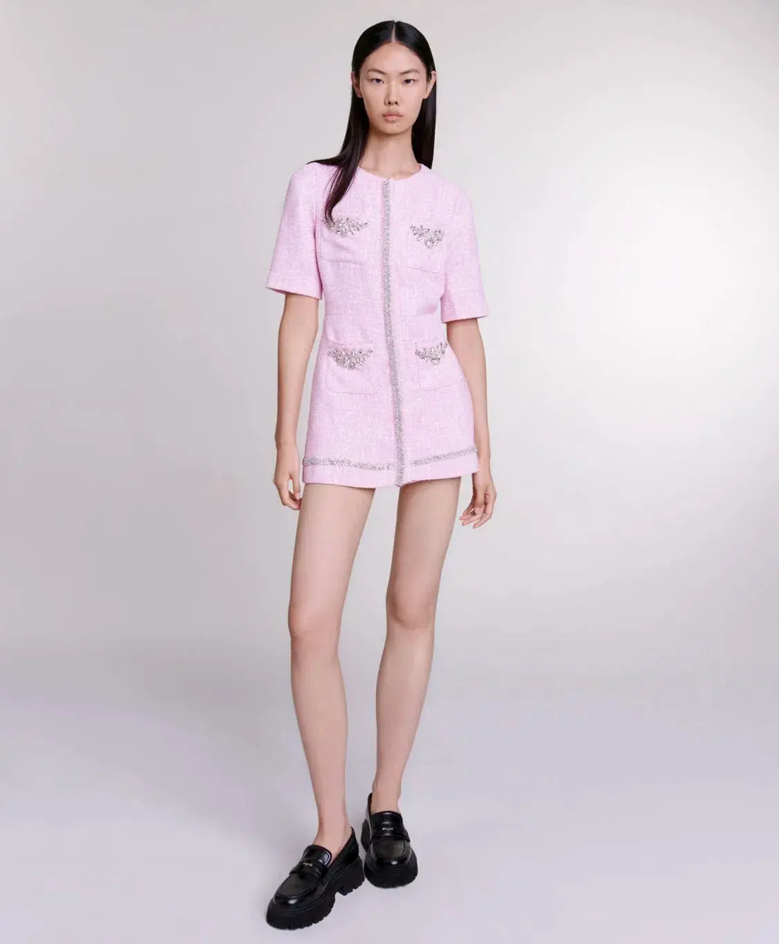 Maje Ipop Tweed Plaid Playsuit Pink With Diamontes Size EU 36 / AU 8 - Image 4