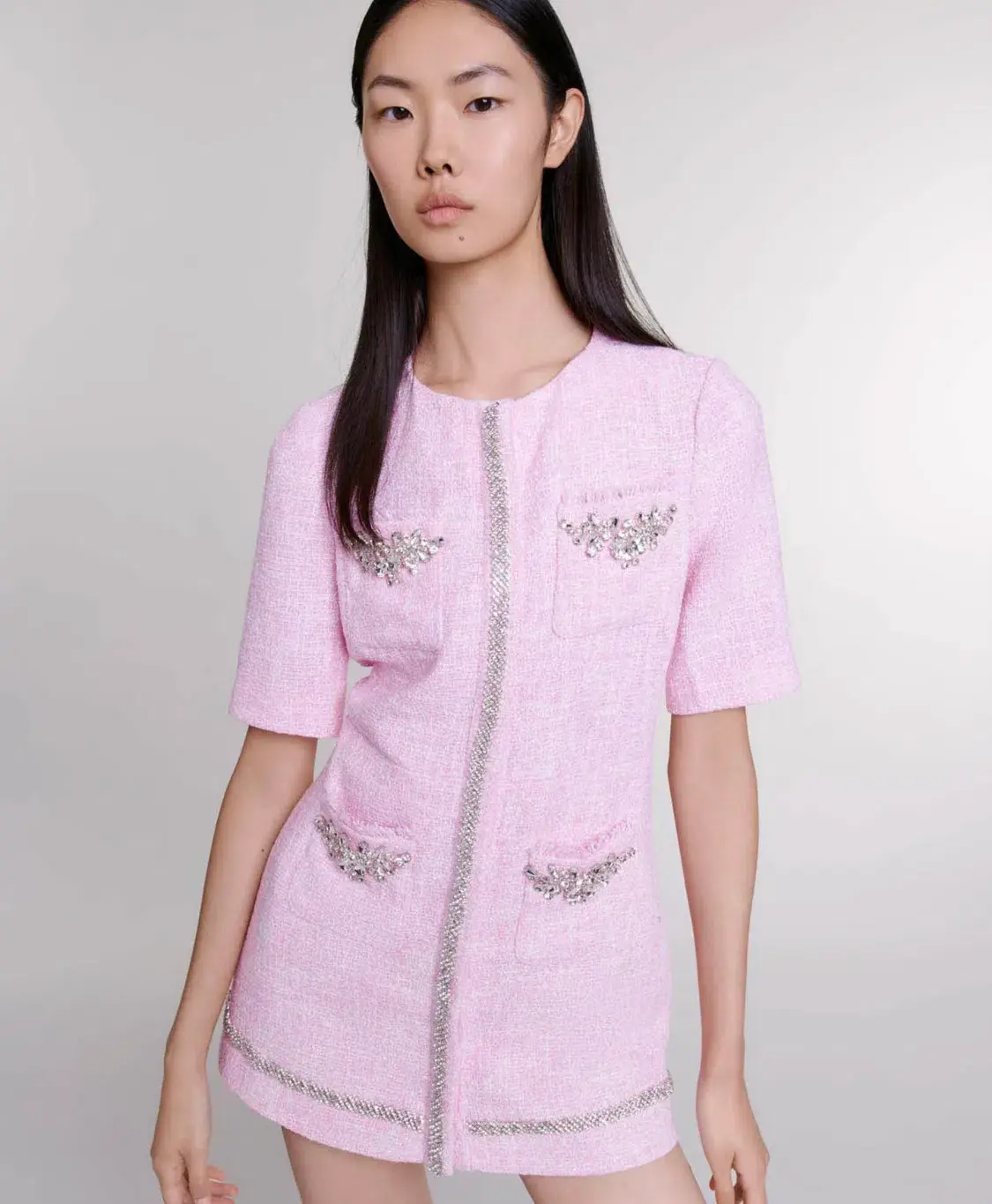 Maje Ipop Tweed Plaid Playsuit Pink With Diamontes Size EU 36 / AU 8 - Image 2