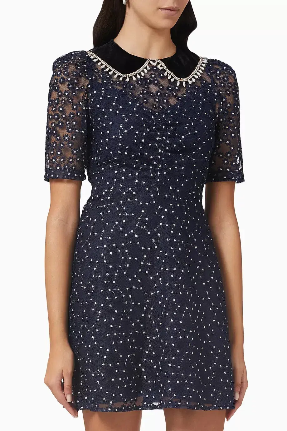 Sandro Lucianita Embellished Lace Mini Dress Midnight Blue Size 8 for rent on The Volte - main image