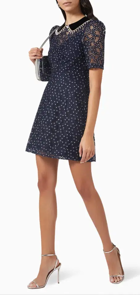 Sandro Lucianita Embellished Lace Mini Dress Midnight Blue Size 8 - Image 3