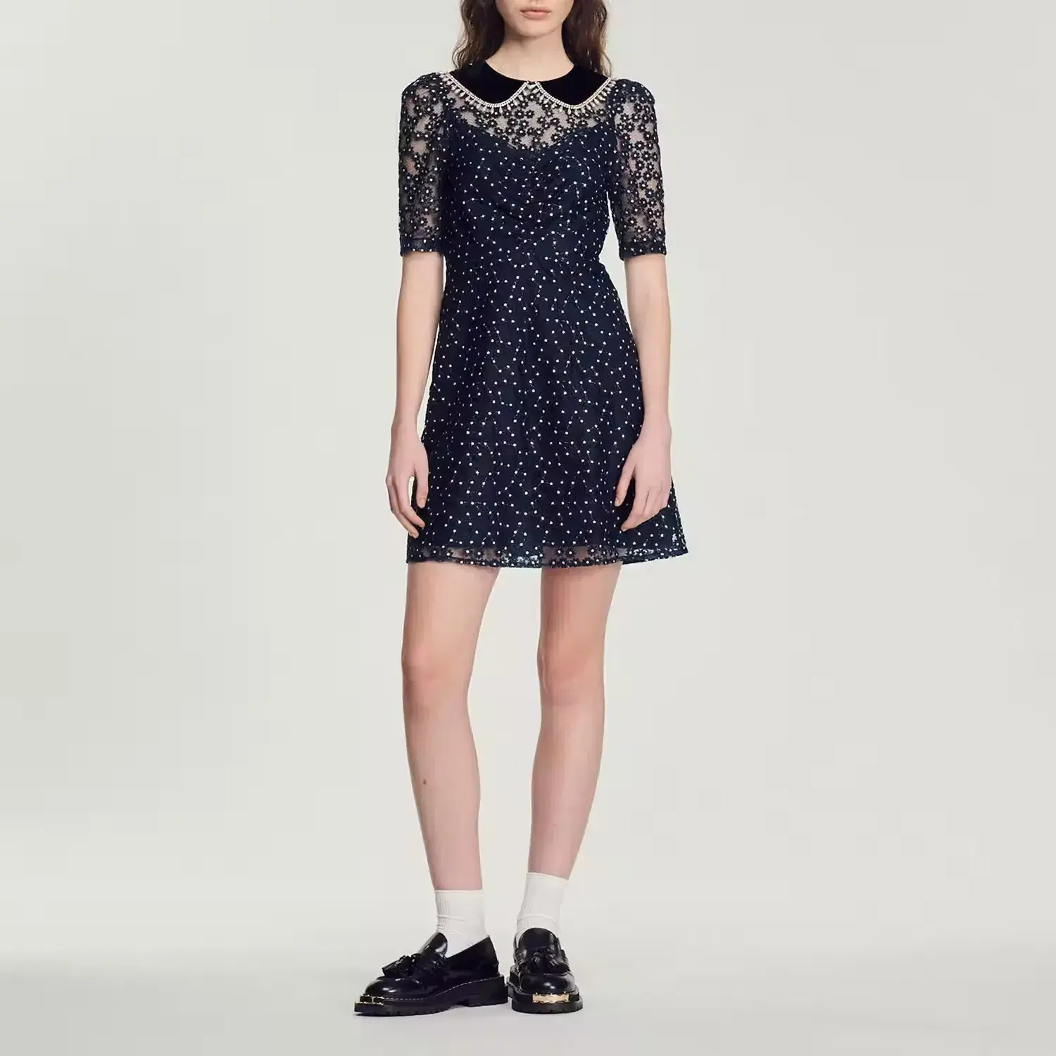 Sandro Lucianita Embellished Lace Mini Dress Midnight Blue Size 8 - Image 1