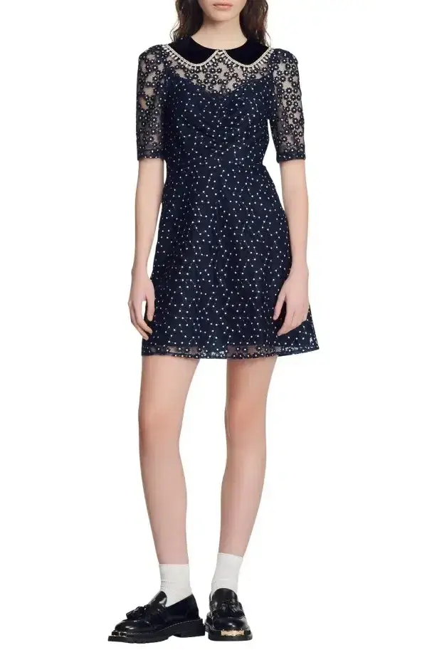 Sandro Lucianita Embellished Lace Mini Dress Midnight Blue Size 8 - Image 5