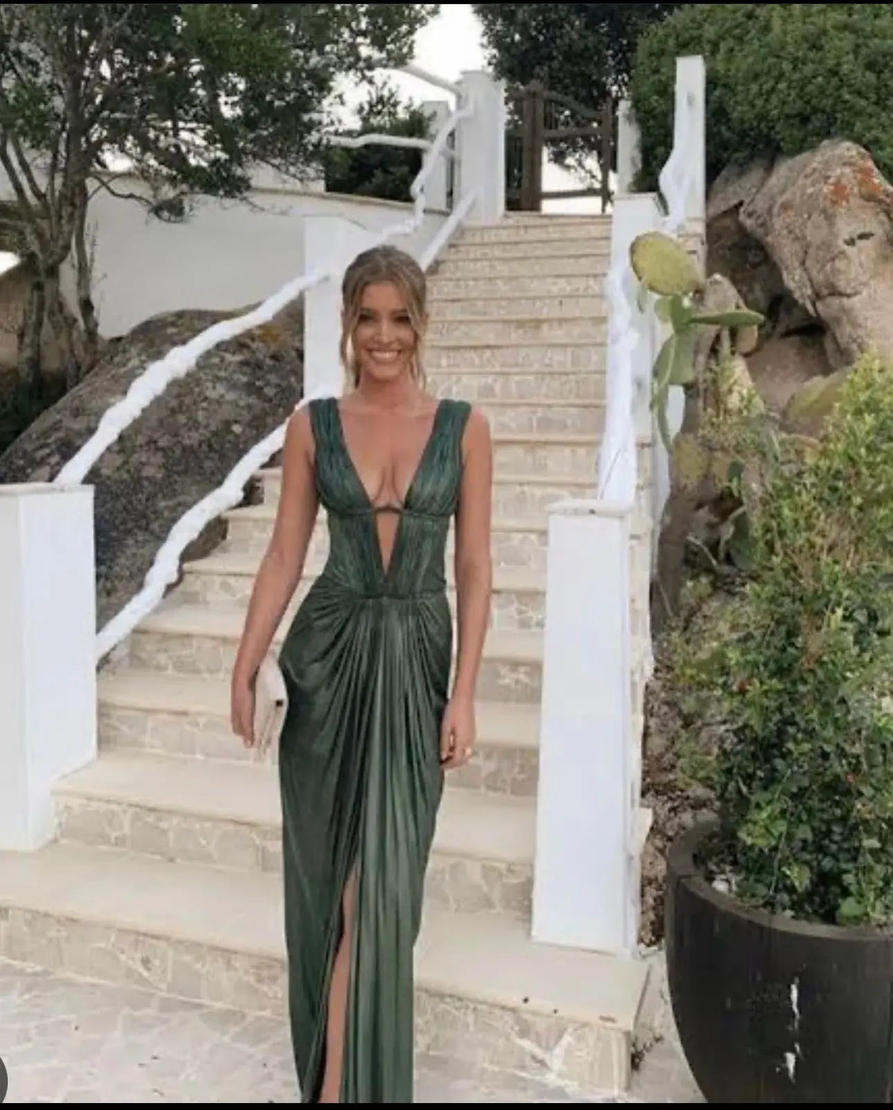 Roberto Cavalli Low V Neck Dress Green Metallic Size 8 - Image 4
