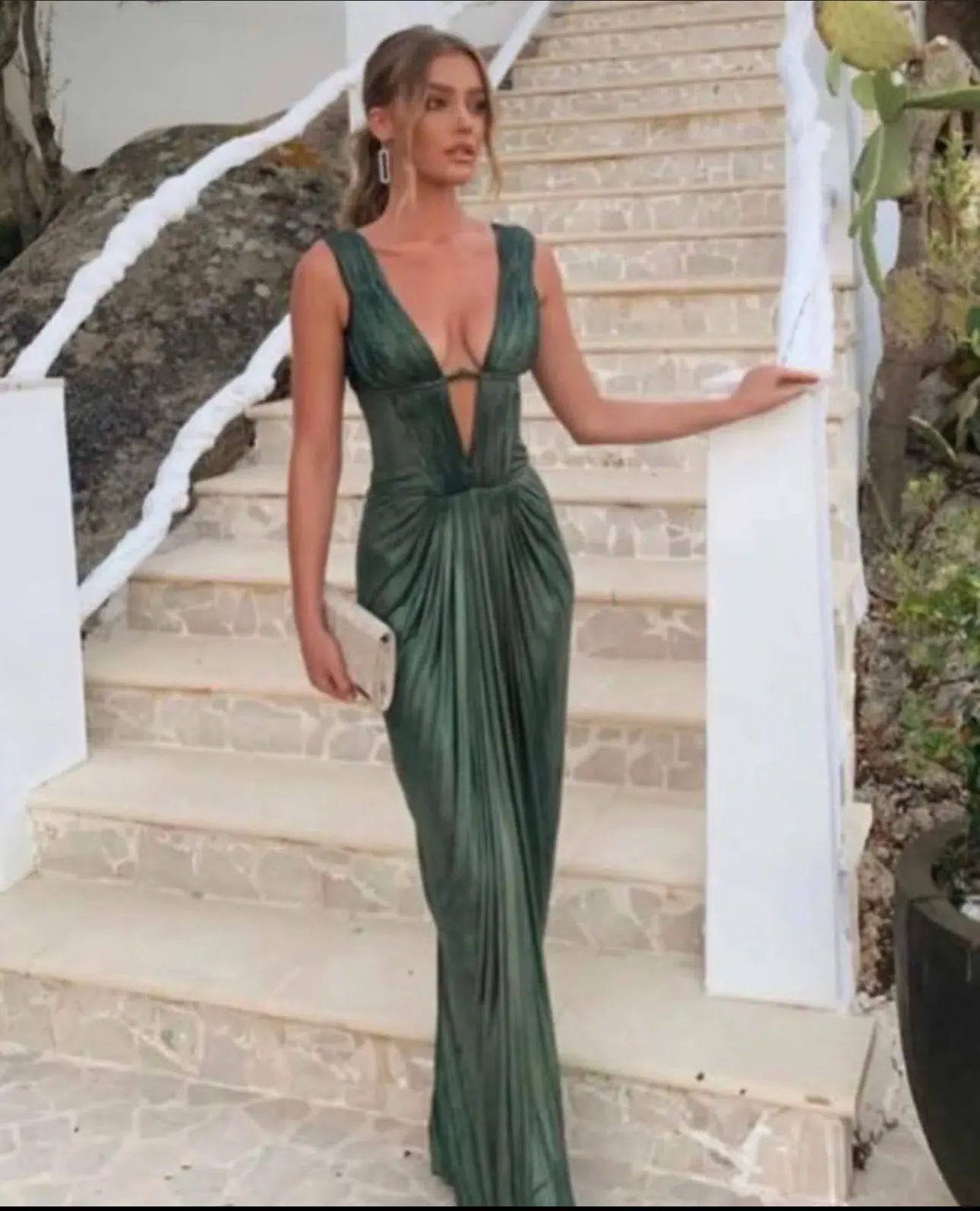 Roberto Cavalli Low V Neck Dress Green Metallic Size 8 - Image 1
