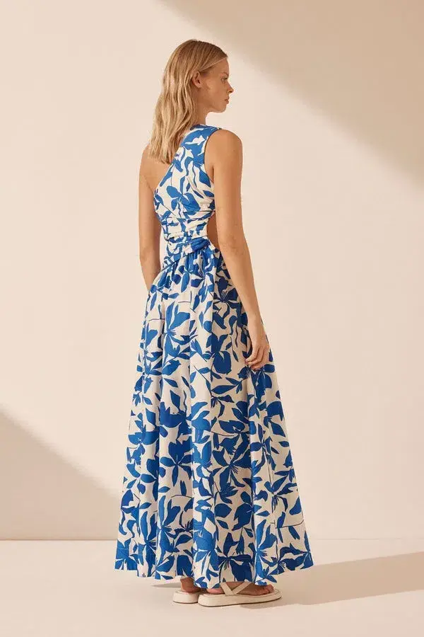 Shona Joy Bleue Asymmetrical Cut Out Maxi Dress Blue Floral Print Size 12 - Image 3
