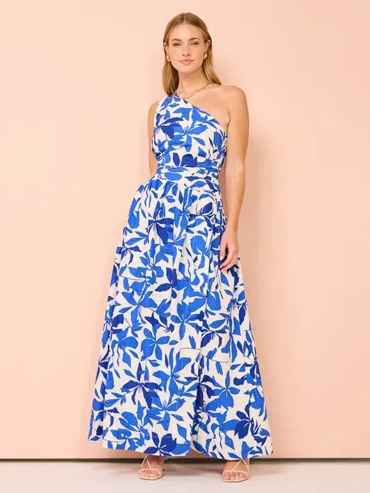 Shona Joy Bleue Asymmetrical Cut Out Maxi Dress Blue Floral Print Size 12 - Image 4