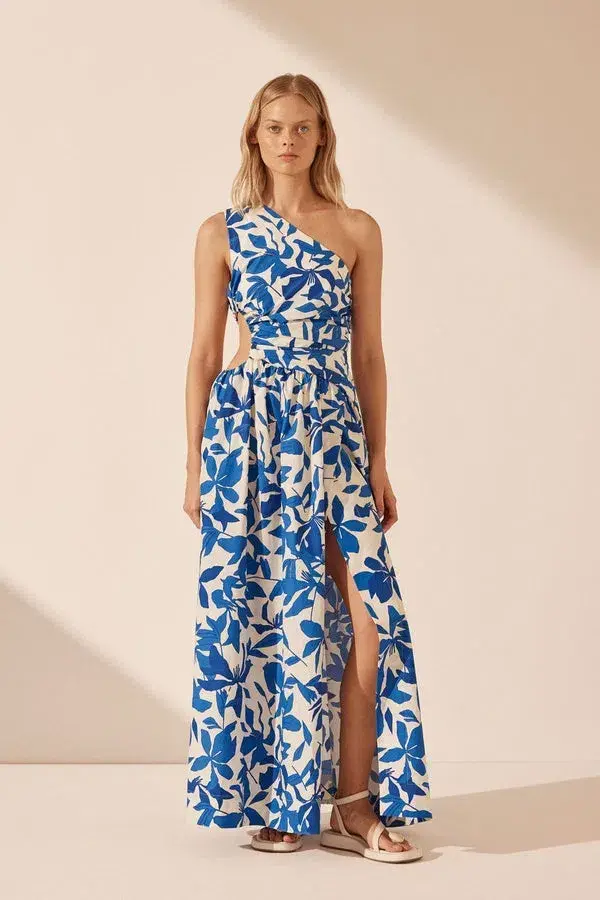 Shona Joy Bleue Asymmetrical Cut Out Maxi Dress Blue Floral Print Size 12 - Image 7