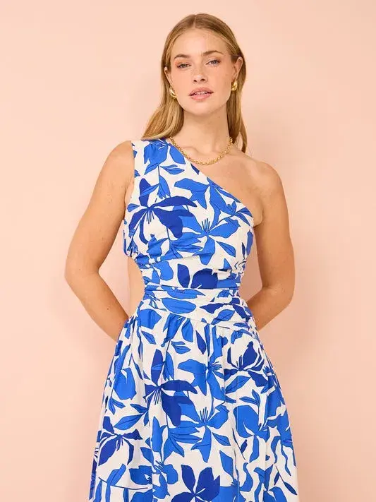 Shona Joy Bleue Asymmetrical Cut Out Maxi Dress Blue Floral Print Size 12 - Image 5