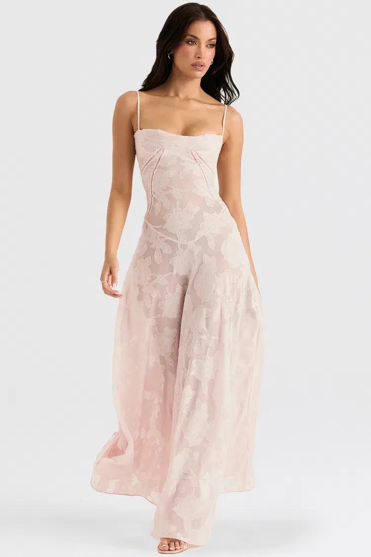 House of CB Seren Lace Back Maxi Dress Soft Pink Floral Size XS / AU 6 - Image 1