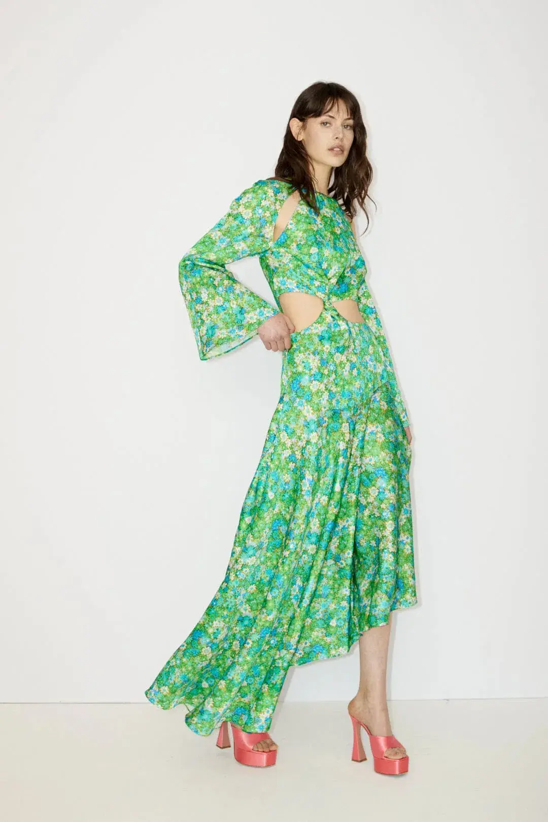 Alemais Cassandra Cut Out Midi Dress Green Floral Size AU 4 - Image 1