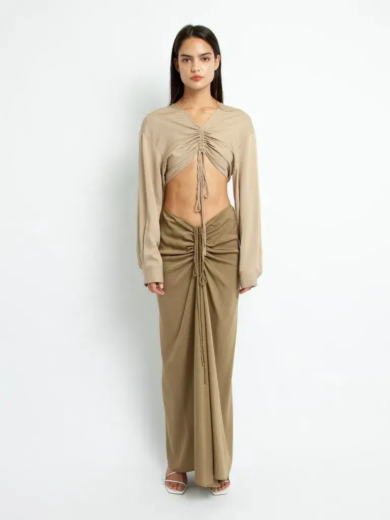 Christopher Esber Ruched Skirt Olive Green Size 6 - Image 3