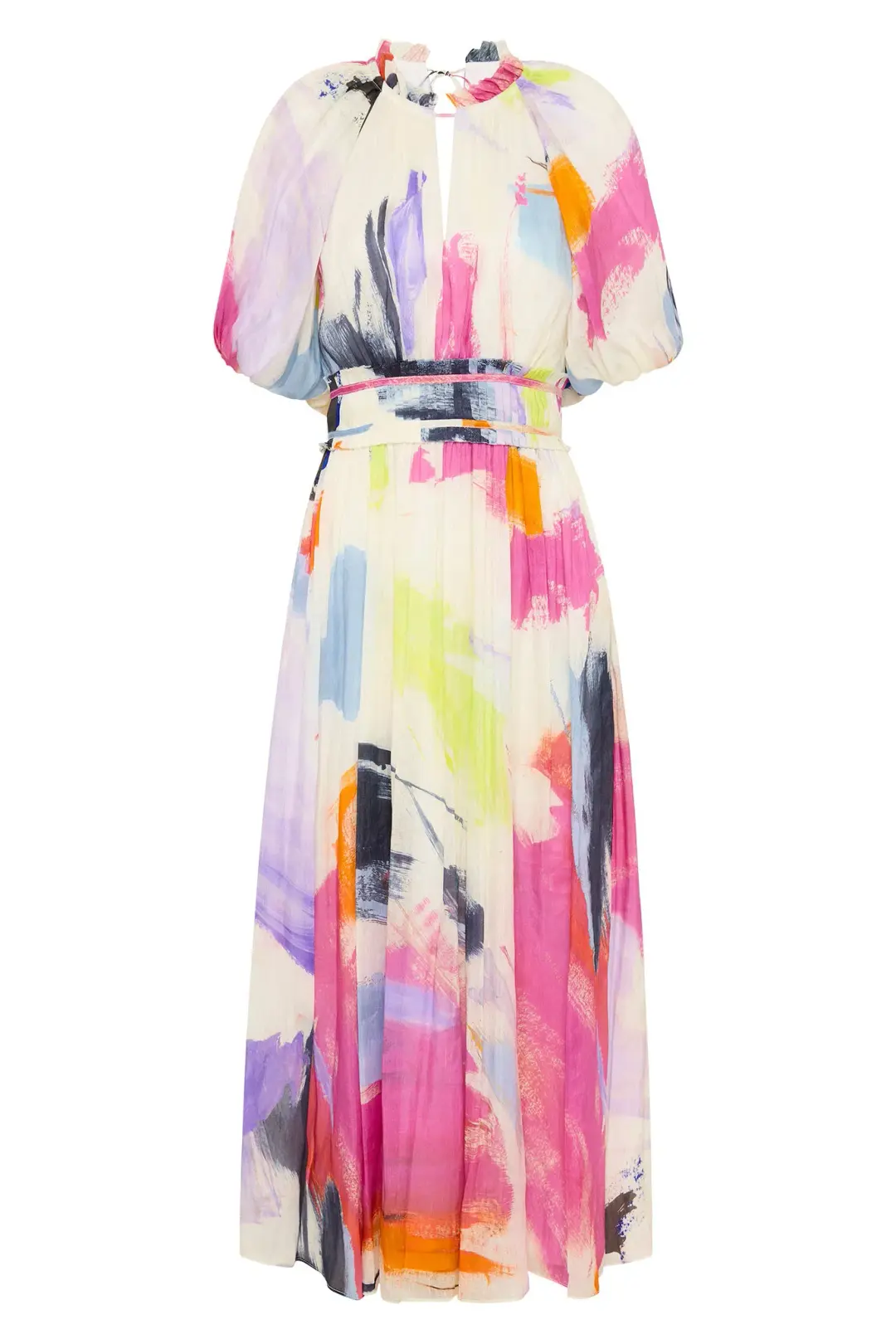 Aje Elysium Blouson Midi Dress Abstract Sunset Size 8 for rent on The Volte - main image