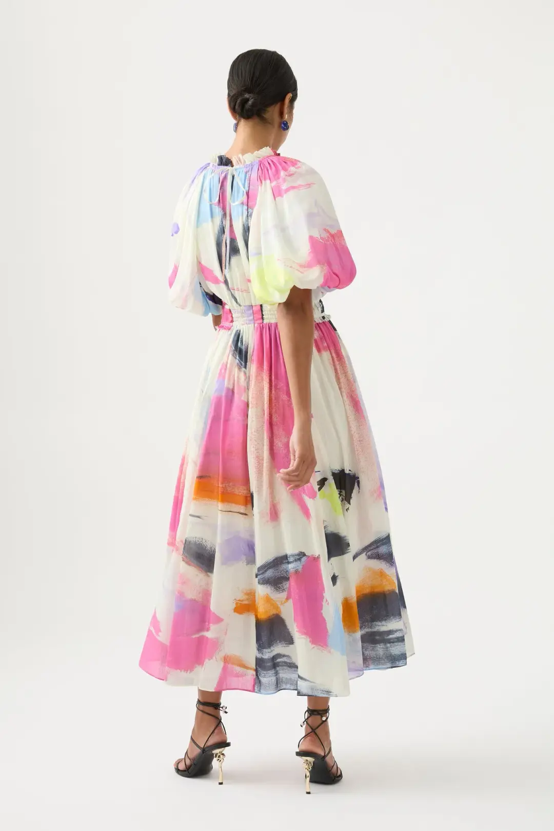 Aje Elysium Blouson Midi Dress Abstract Sunset Size 8 for rent on The Volte - main image