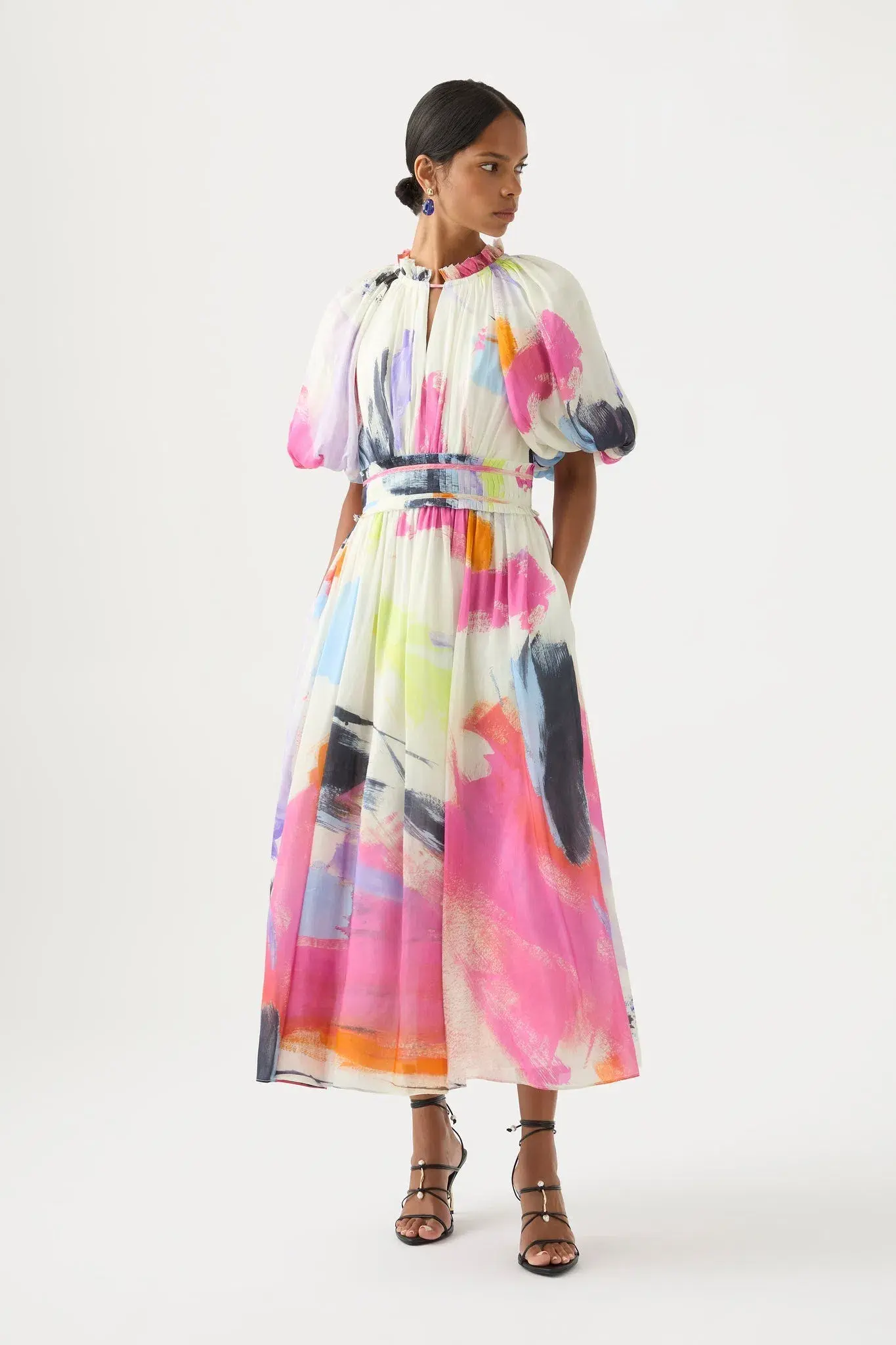 Aje Elysium Blouson Midi Dress Abstract Sunset Size 8 - Image 1