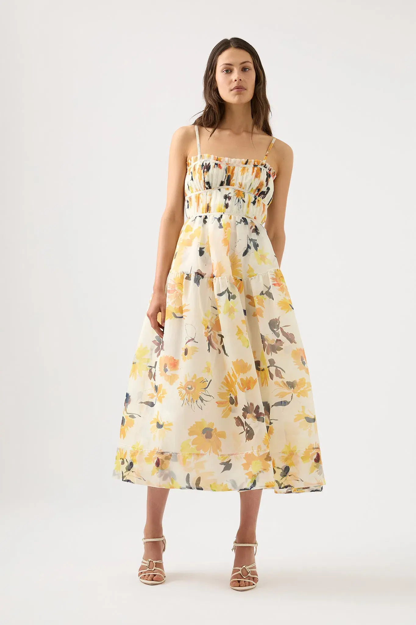Aje Botanica Cross Back Midi Dress Pressed Sunflowers Size 8 - Image 1