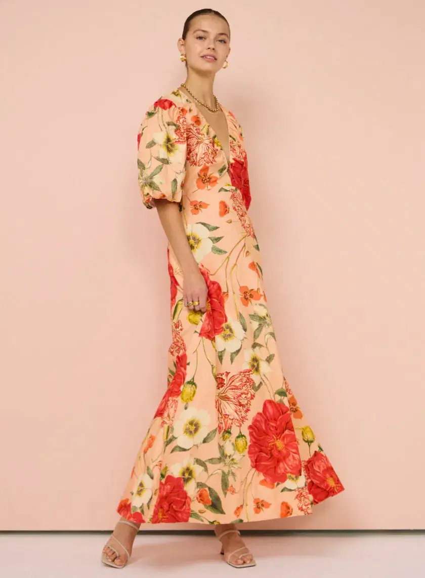 By Nicola Bolero Maxi Gathered Neckline Dress In Raspberry Punch Floral Size AU 8 for rent on The Volte - main image