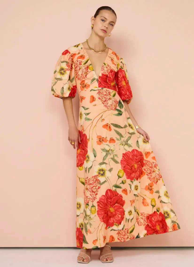 By Nicola Bolero Maxi Gathered Neckline Dress In Raspberry Punch Floral Size AU 8 for rent on The Volte - main image