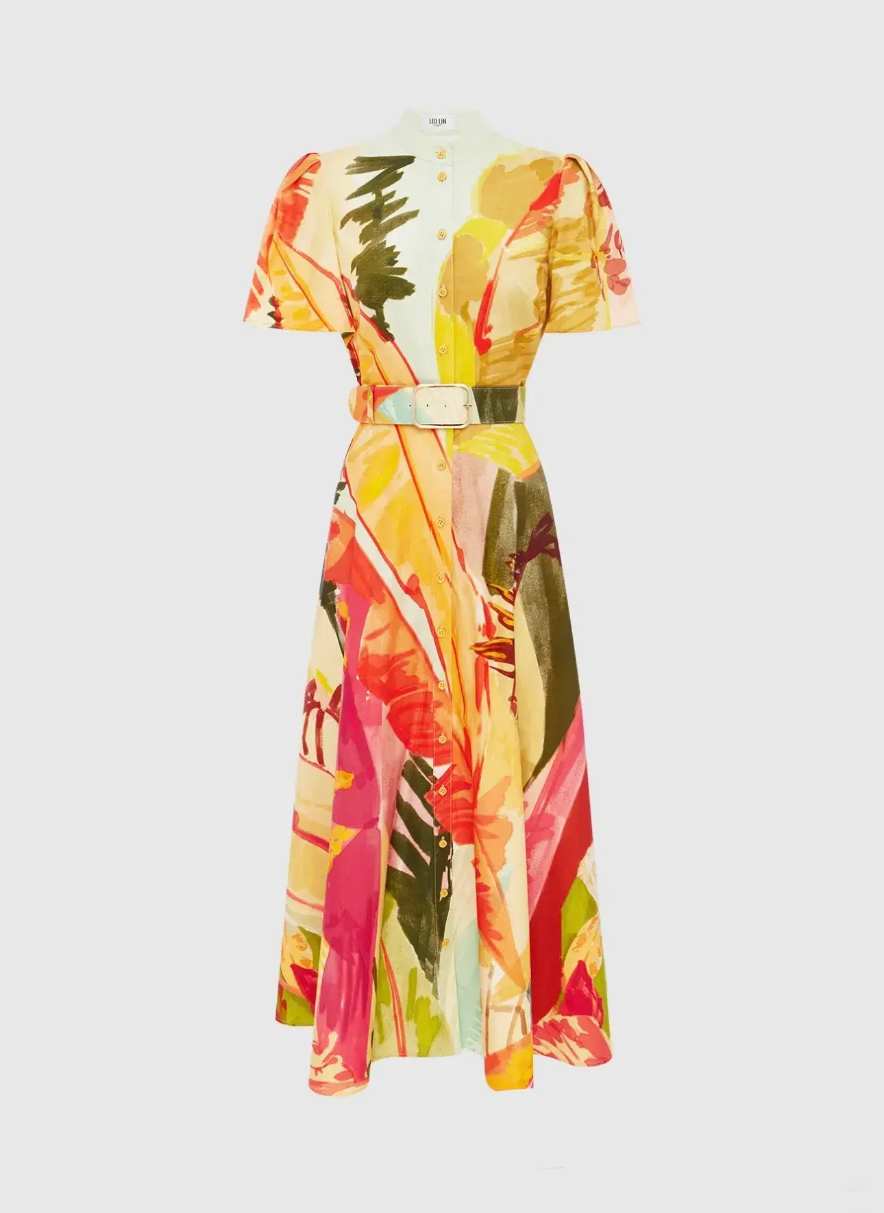Leo Lin Bianca Short Sleeve Midi Dress Rainforest Print Size AU 12  - Image 1