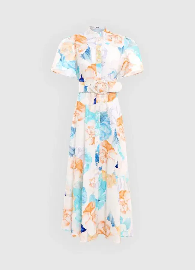 Leo Lin Bianca Short Sleeve Midi Dress Rosebud Floral Print in Cream Size AU 12 - Image 3