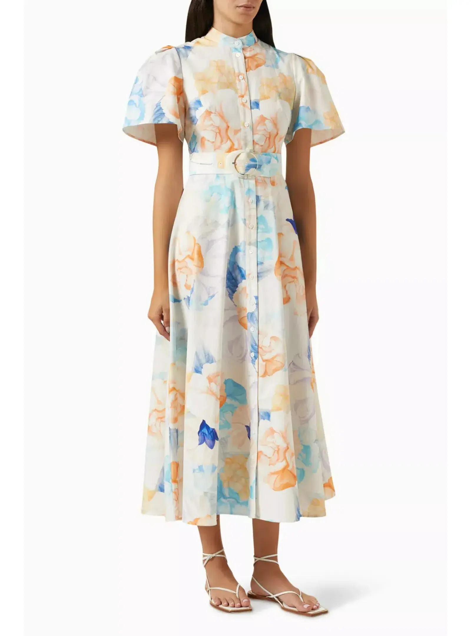 Leo Lin Bianca Short Sleeve Midi Dress Rosebud Floral Print in Cream Size AU 12 - Image 1