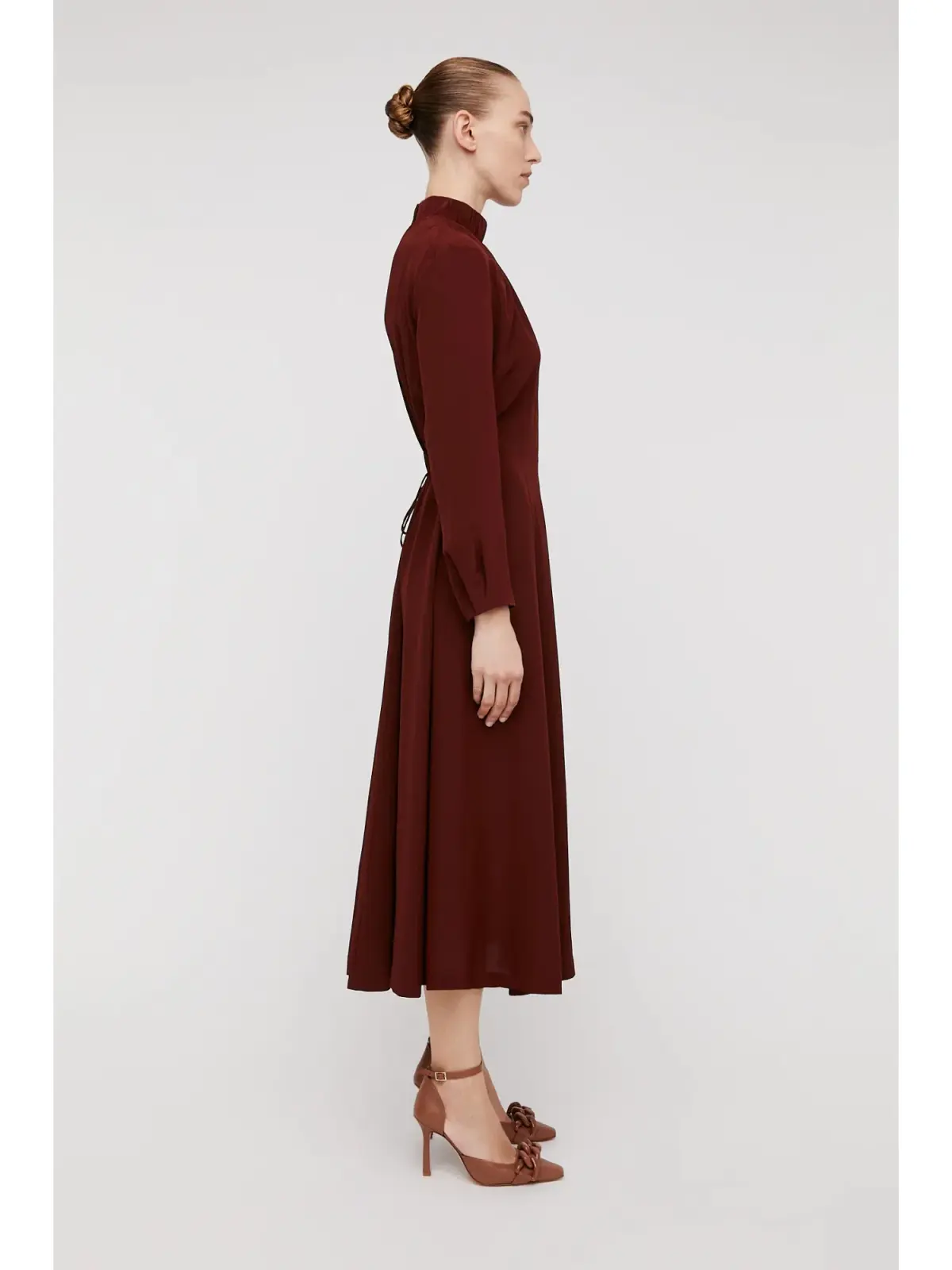 Scanlan Theodore Silk Gather Neck Dress in Burgundy Size AU 6 - Image 4