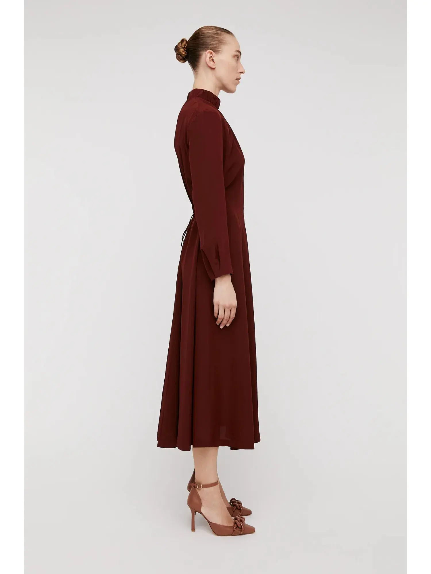 Scanlan Theodore Silk Gather Neck Dress in Burgundy Size AU 6 - Image 4
