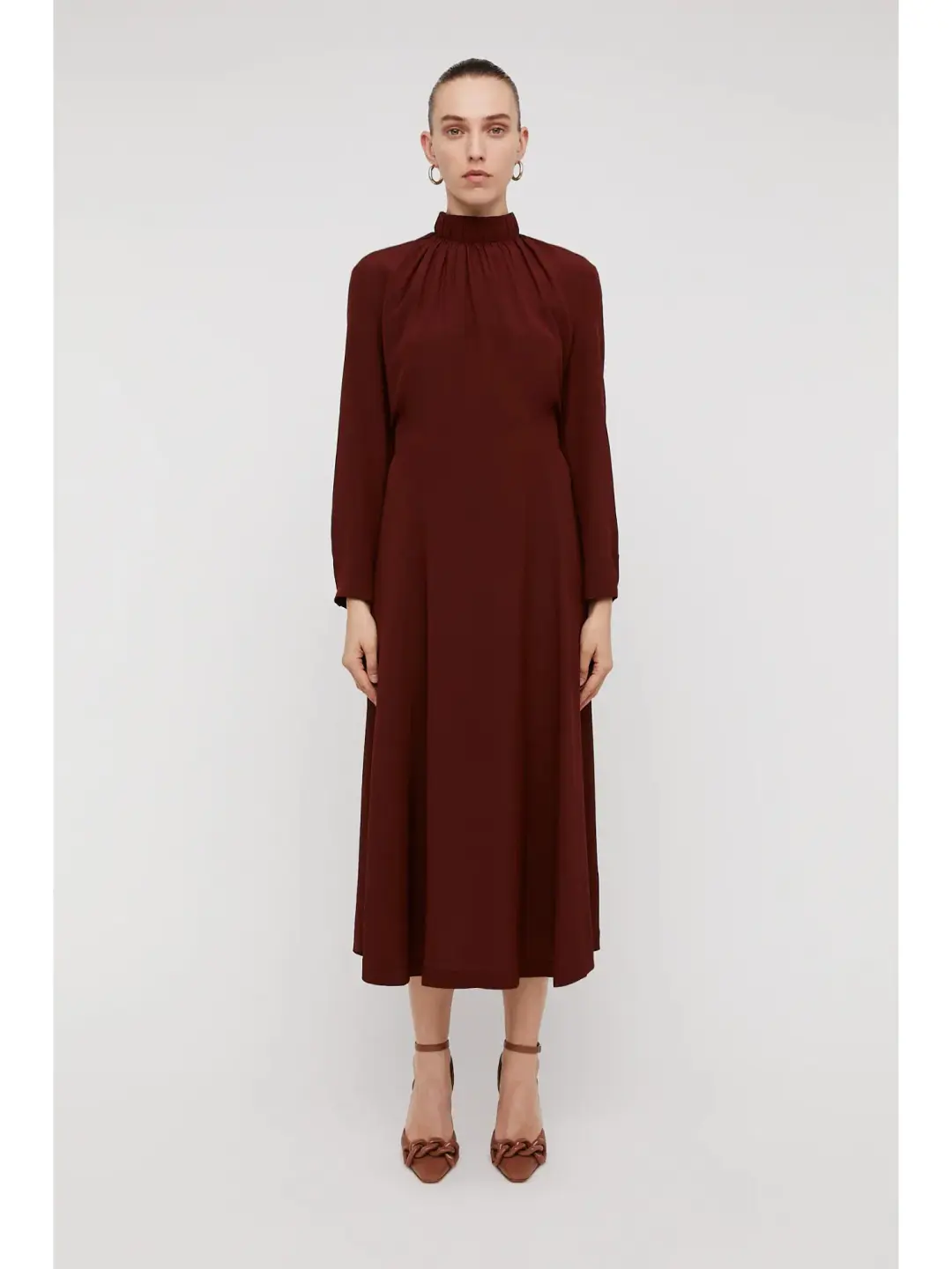 Scanlan Theodore Silk Gather Neck Dress in Burgundy Size AU 6 for rent on The Volte - main image