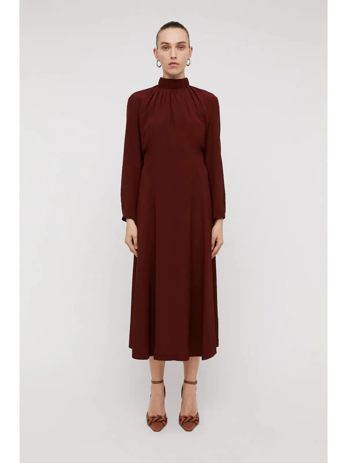 Scanlan Theodore Silk Gather Neck Dress in Burgundy Size AU 6 - Image 1
