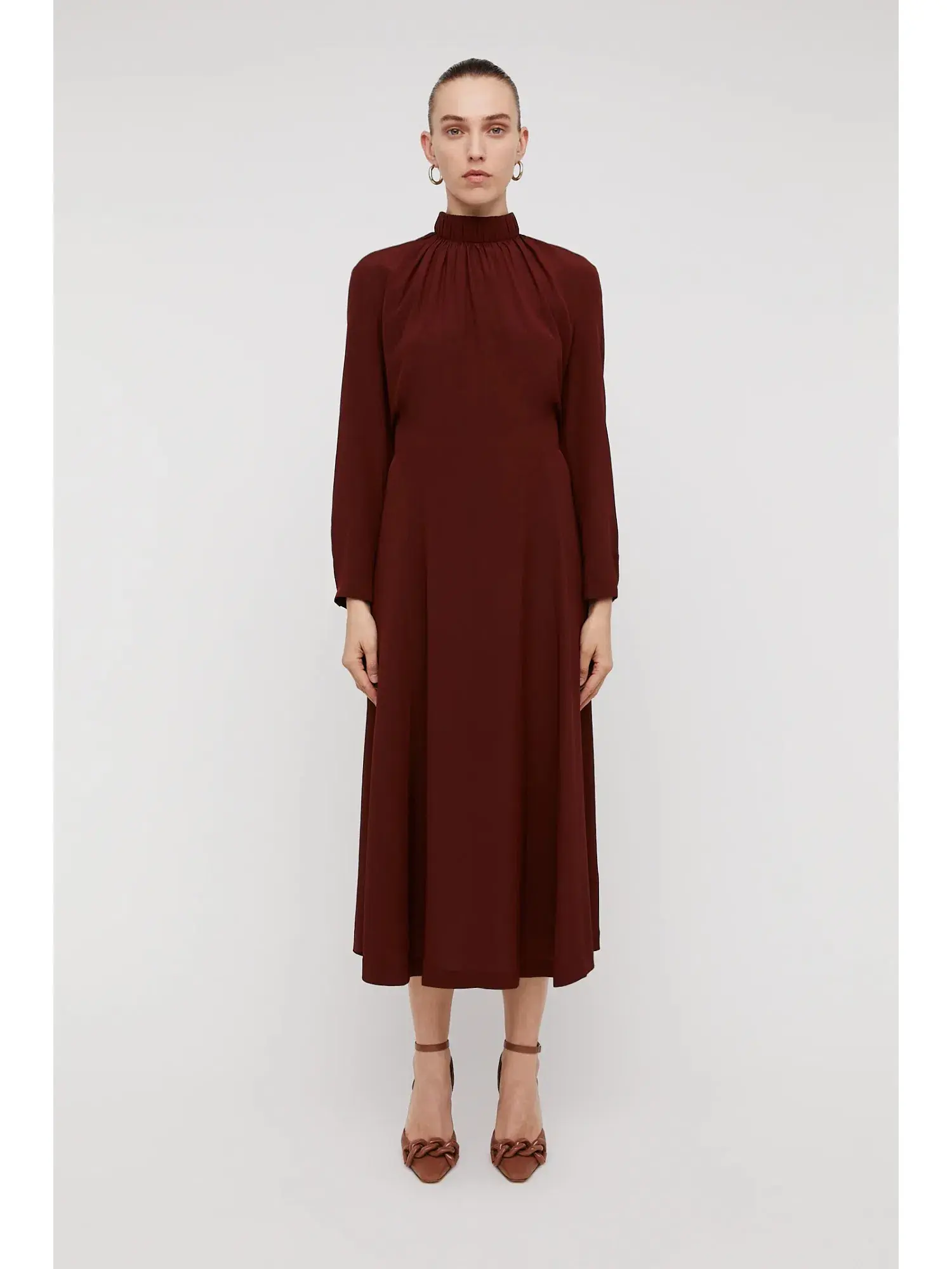 Scanlan Theodore Silk Gather Neck Dress in Burgundy Size AU 6 - Image 1