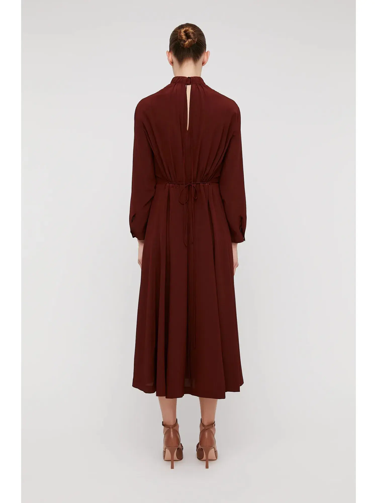 Scanlan Theodore Silk Gather Neck Dress in Burgundy Size AU 6 - Image 2