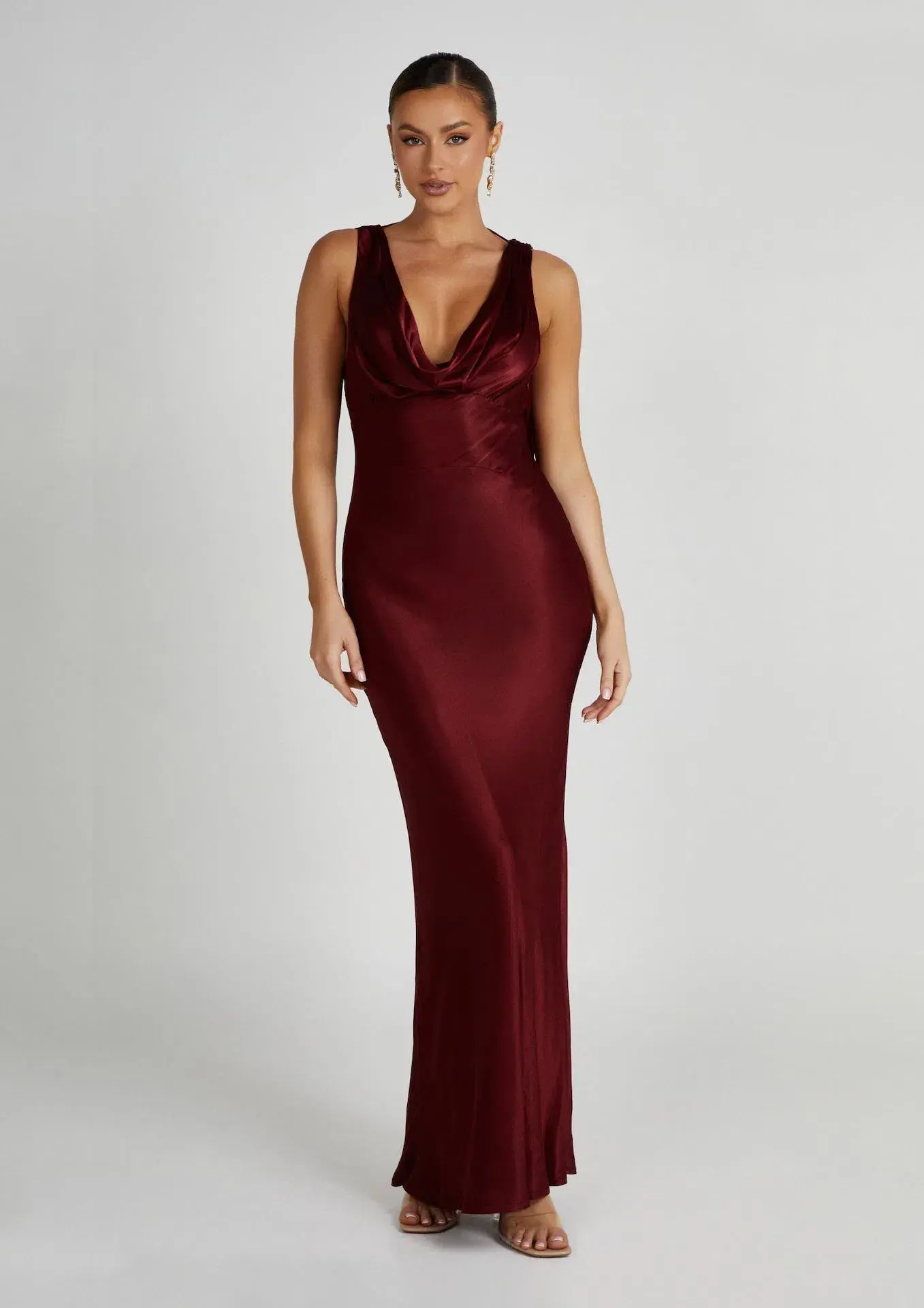 Meshki Angelique Satin Cowl Back Maxi Dress in Berry Size 10 - Image 1