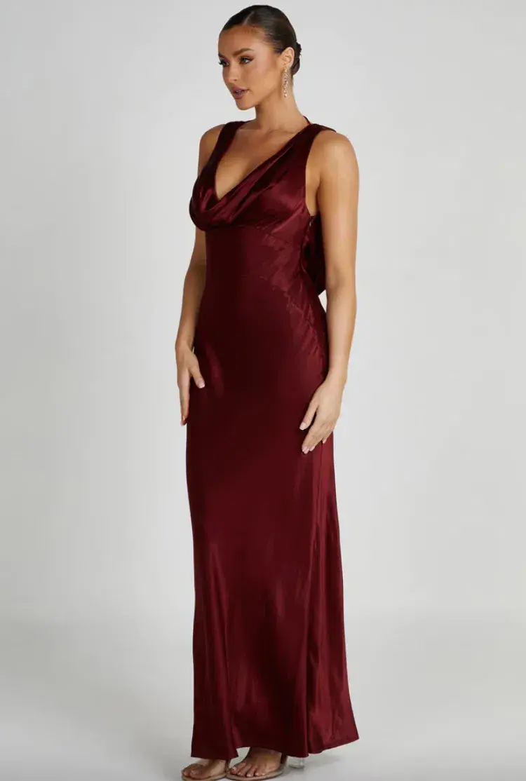 Meshki Angelique Satin Cowl Back Maxi Dress in Berry Size 10 - Image 2