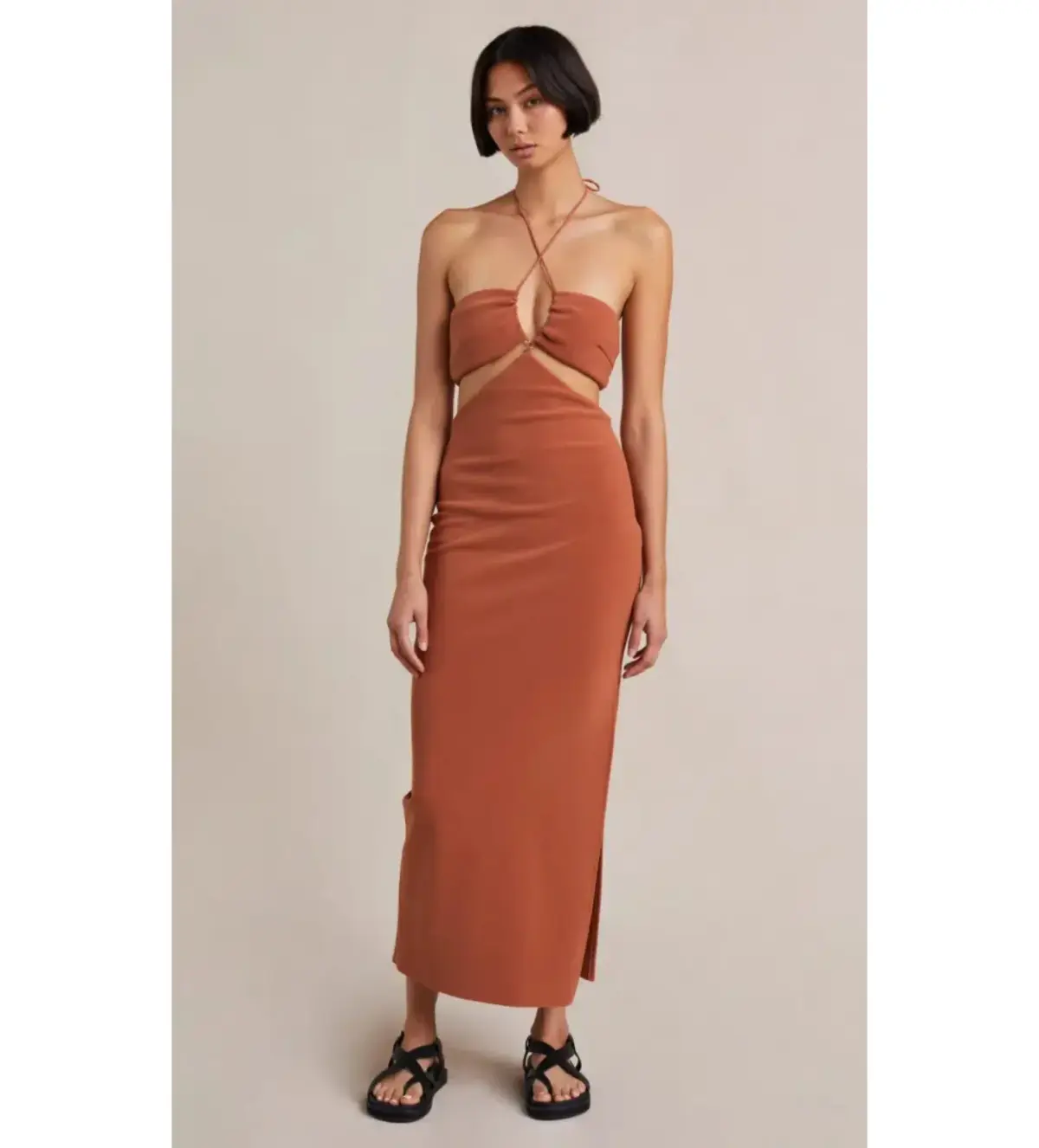 Bec & Bridge Alba Cut Out Midi Dress Terracotta Size AU 6 - Image 1
