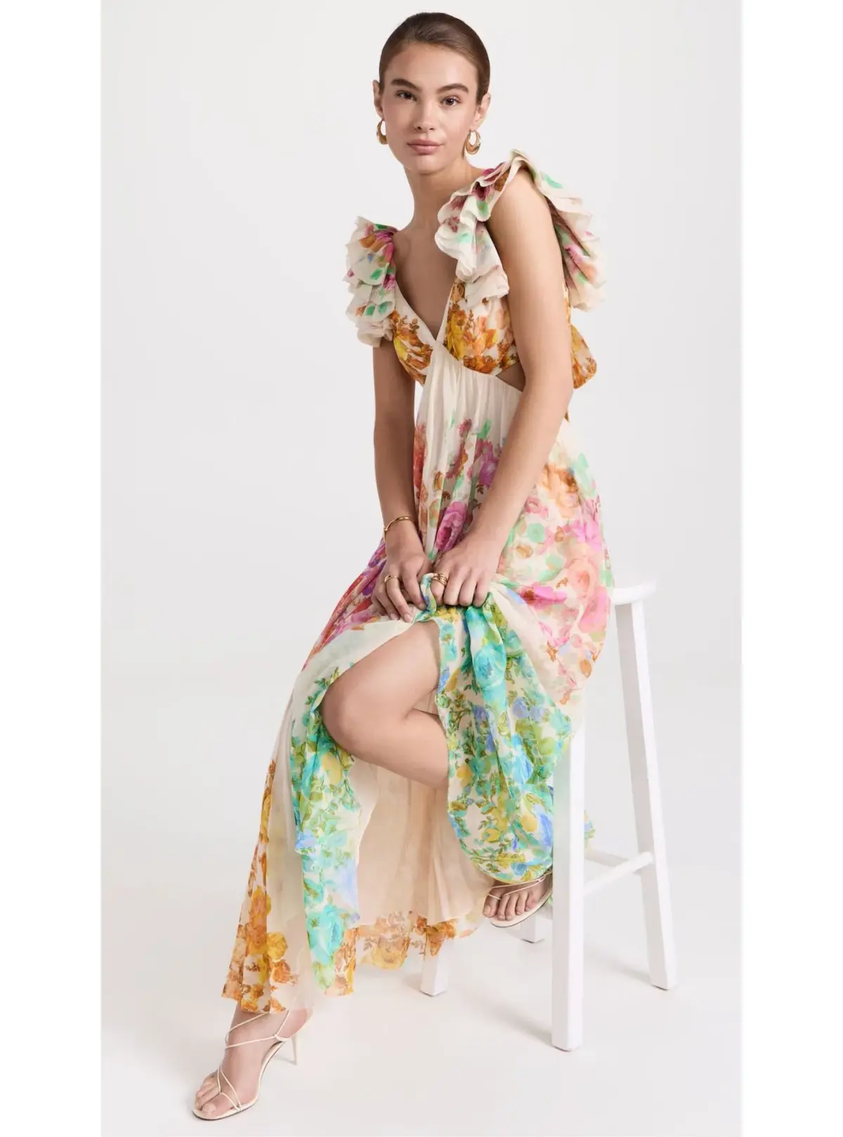 Zimmermann Raie Frill Shoulder Midi Dress Multi Floral Size 0P / AU 6 - Image 4