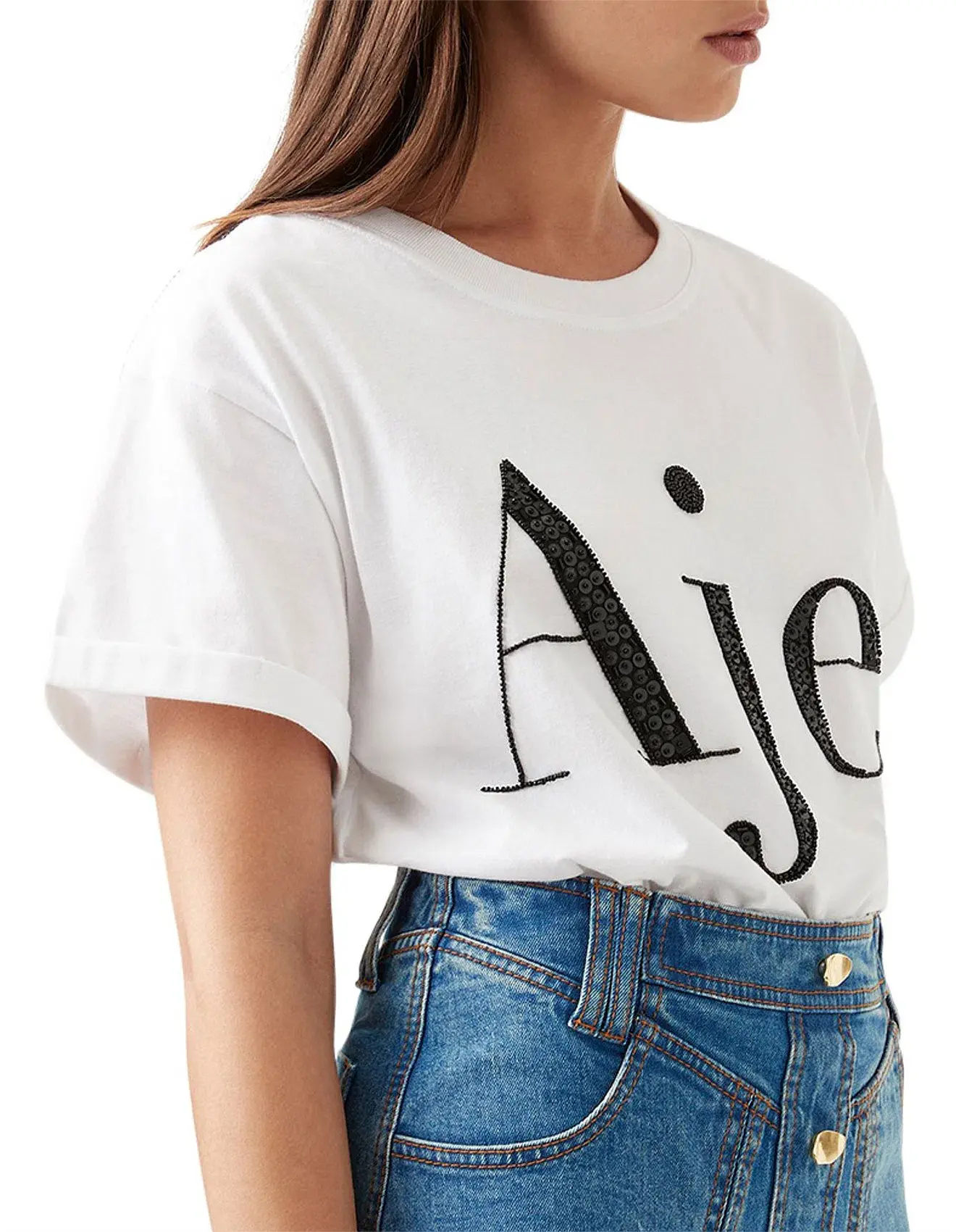 Aje Belmond Mini Skirt in Denim Blue Size 8 and Logo Tee White Print Size 6 Set - Image 3